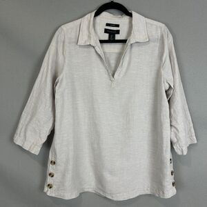 Tahari 100% Linen Tunic Top Light Gray Button Detail 3/4 Sleeve Resort Large